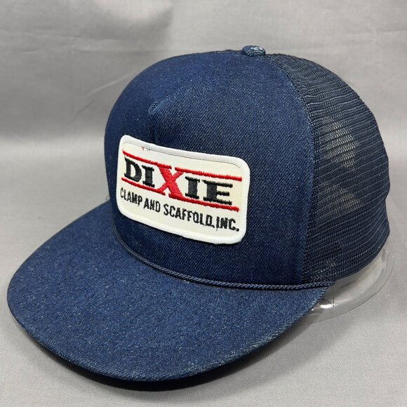 Vtg Dixie Snap Back Cap Hat Nissin Blue Denim Trucker Mesh Rope Foam Patch Mens - Picture 1 of 15